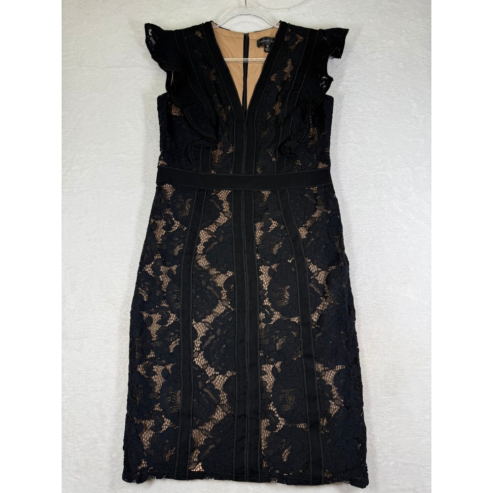 Tadashi Shoji Black Nude Floral Lace Ruffle Sheath Dress AYV17683M Size 10